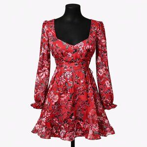 For Love & Lemons Nicole Burnout Mini Dress XS Red Pink Coquette Romantic